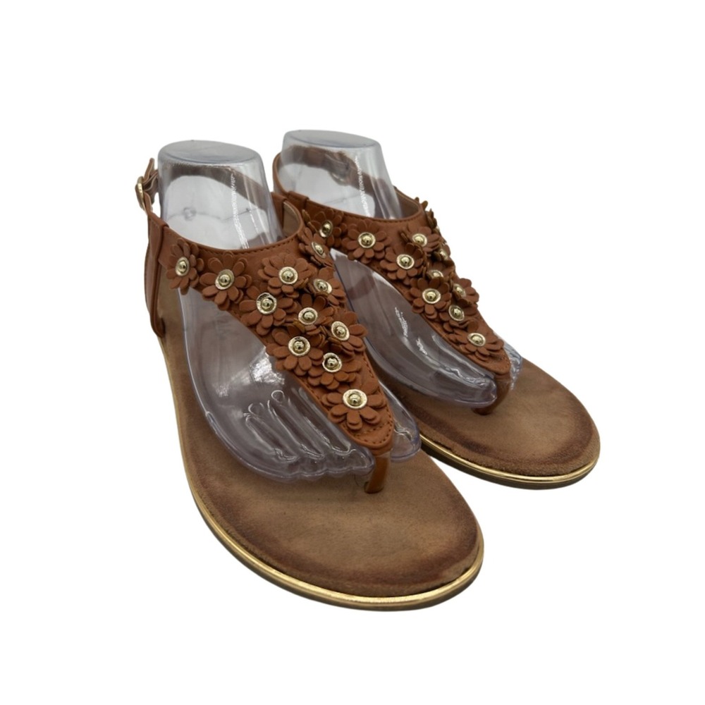 Patrizia Thong Sandals Women's Size 9 M Tan Gold‎ Floral Ankle Strap Flat